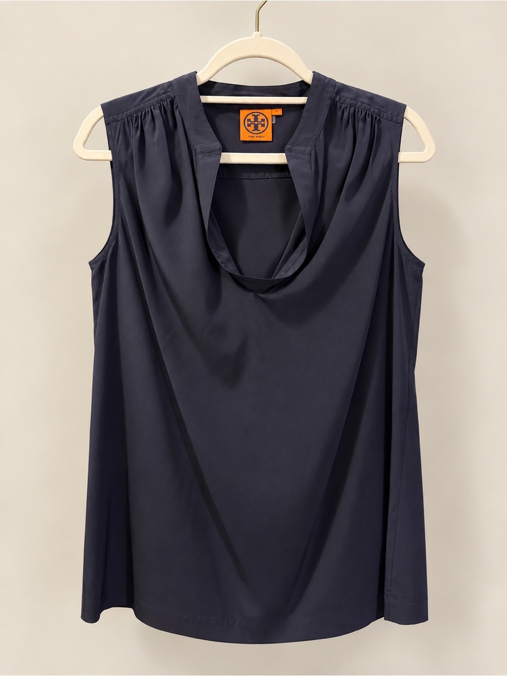 Tory Burch Navy Sleeveless Cowl Neck Silk-Cotton Top - Size 4